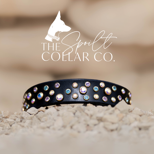READY TO SHIP - RANDOM COSMIC CRYSTAL DESIGN, BLACK LEATHER DOG COLLAR 28CM-31CM