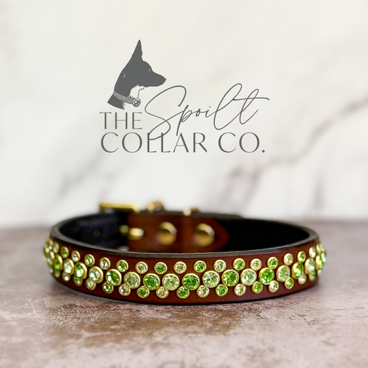 READY TO SHIP - 3 ROW DESIGN WITH GREEN CRYSTALS, CONKER LEATHER DOG COLLAR 30CM-34CM