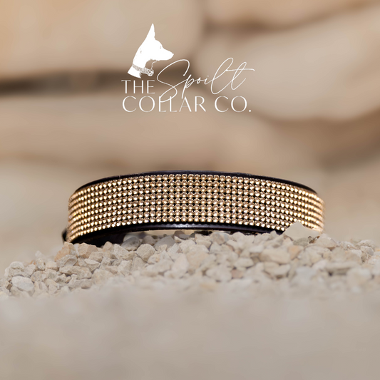 READY TO SHIP - 8 ROW GOLD FINE CRYSTAL MESH COLLAR ON AUSTRALIAN NUT LEATHER 38CM-41CM