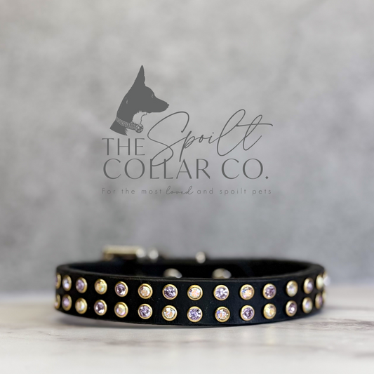 The Spoilt Collar Co
SMALL 2 ROW BLACK LEATHER WITH VIOLET AND Iridescent CRYSTALS 24.5CM-29.5CM