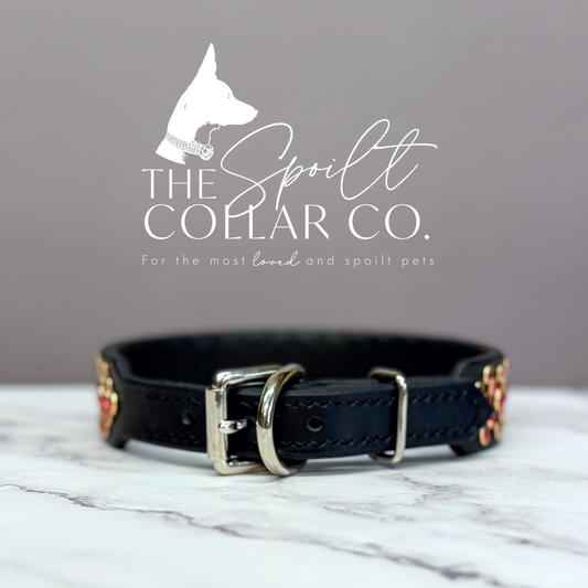 READY TO SHIP - 5 ROW BLACK LEATHER WITH ALL RED CRYSTALS 34.5CM-38.5CM