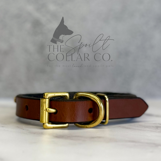 READY TO SHIP - SMALL WAVE DESIGN CONKER LEATHER COLLAR WITH SMALL SAPPHIRE AND TANZANITE CRYSTALS 23.5CM-29.5CM