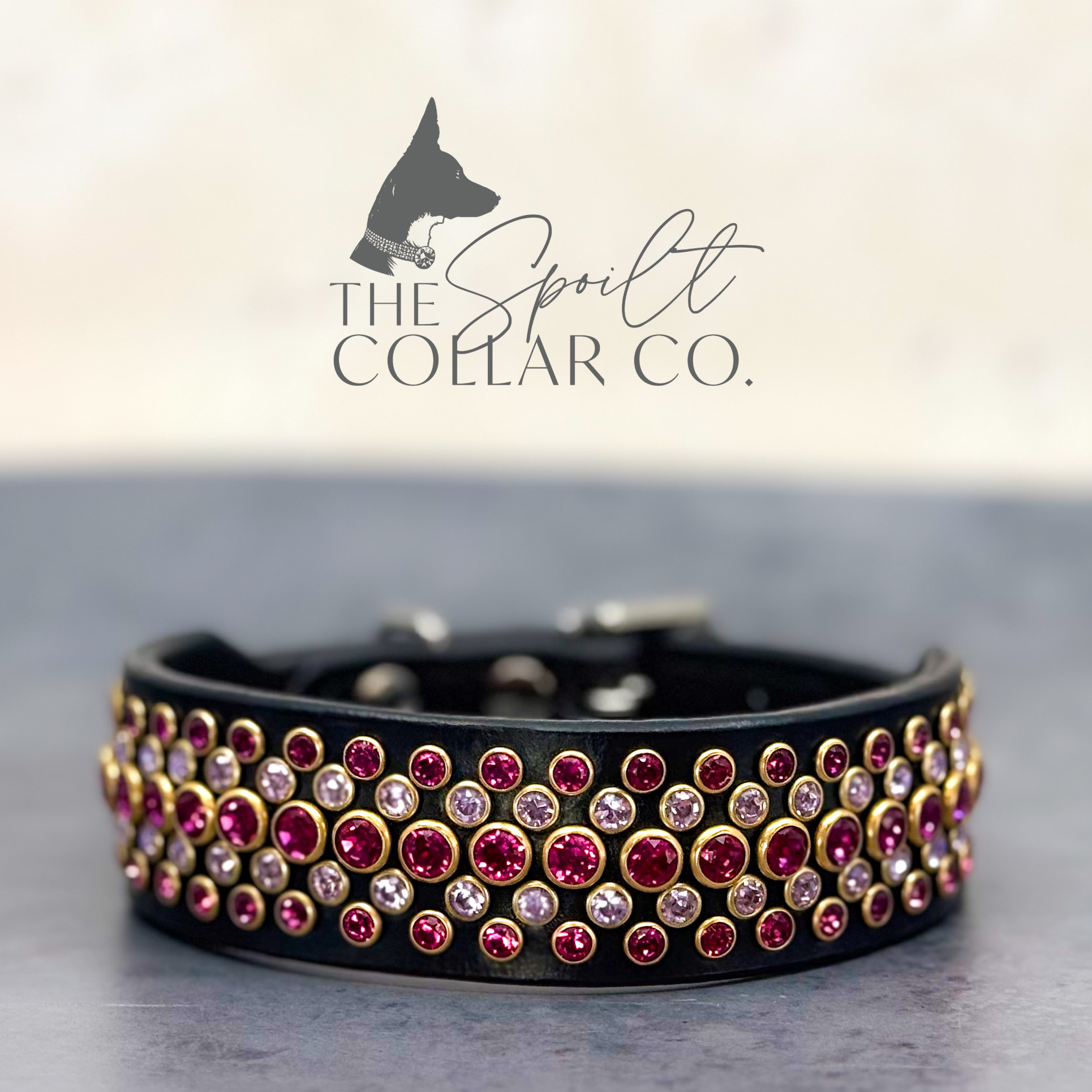 READY TO SHIP - 5 ROW BLACK LEATHER, FUCHSIA AND VIOLET CRYSTALS 28CM - 31CM