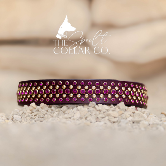 READY TO SHIP - LARGE 5 ROW BURGUNDY LEATHER, FUCHSIA AND GOLD CRYSTALS 50CM - 53CM