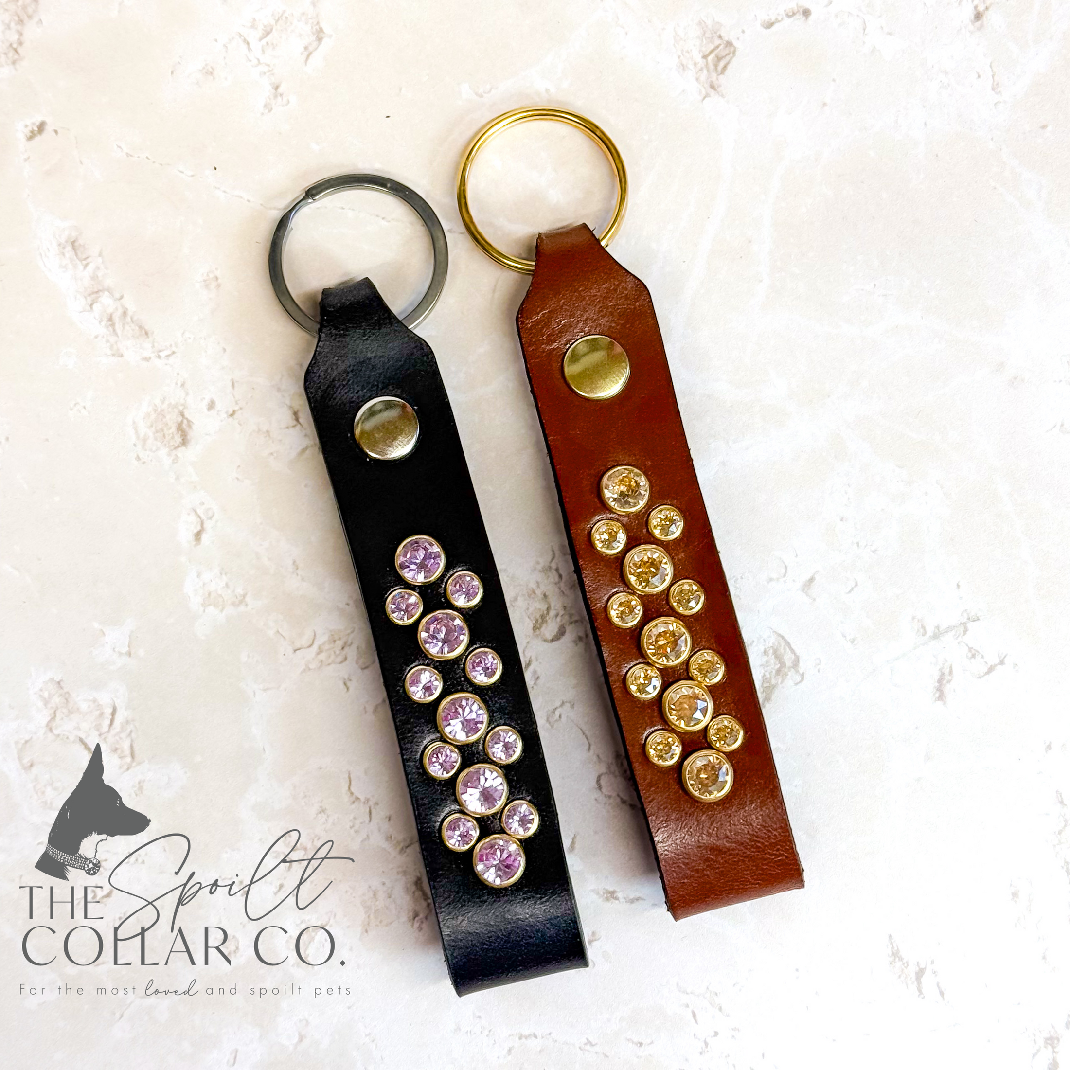 Leather keyring with crystal design