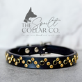 Load image into Gallery viewer, READY TO SHIP - GLIDED DOT BLACK AND GOLD CRYSTAL, BLACK LEATHER WITH COLLAR TO FIT 36CM-40CM
