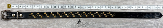 READY TO SHIP - GLIDED DOT BLACK AND GOLD CRYSTAL, BLACK LEATHER WITH COLLAR TO FIT 36CM-40CM